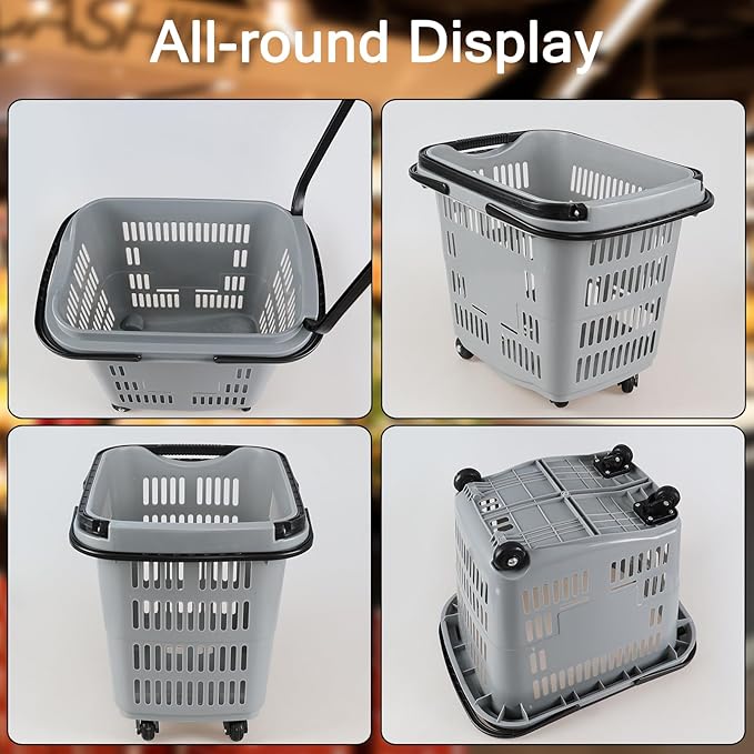 50 L Plastic Rolling Shopping Basket with Long Handle, Large Portable Retail Baskets Set for Groceries, 4 Packs