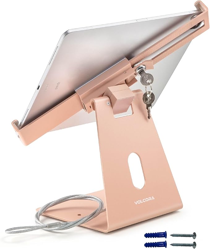 Volcora Anti-Theft Tablet Stand iPad Kiosk Stands with Lock, Pink 10-13'' ipad Stand for Desk, Swivel, Adjustable iPad Holder for Desk, iPAD Mount for POS Register, Retail Business, Cashier
