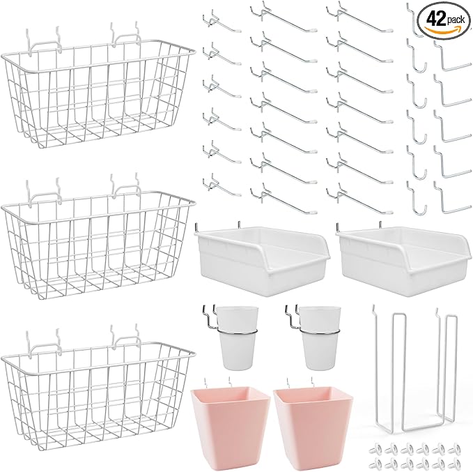 Pegboard Basket Organizers, Peg Board Large Baskets Hooks Bins Cups Tool Organizer 42 Pack Set, Wall Storage Display Hanging Accessories for Craft Office Stadio Shed Garage Organization (White & Pink)