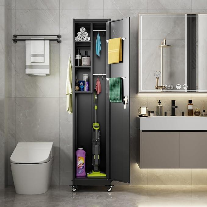 Aobabo 72" H Broom Closet Storage Cabinet, Lockable Metal Cleaning Storage Cabinet with Hooks for Home,Assembly Required, Black