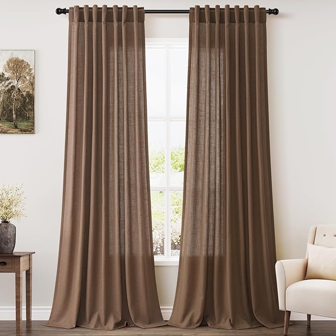 Extra Long Curtains 2 Panels 102 Inches Long for Dinning Room Caramel Brown Back Tab Rod Pocket Light Filtering Semi Sheer Drapes Cotton Linen Textured Window Curtain 102 Inch Length for Bedroom