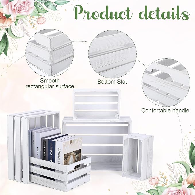 Soaoo 5 Pcs Decorative Nesting Wooden Crates for Storage Display 5 Size Large Small Rustic Wood Decorative Storage Crates with Handle Farmhouse Crate Box Container Made from Pine(Vintage White)