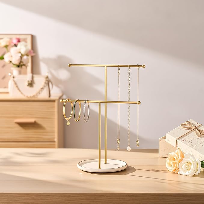 Gold Jewelry Holder Stand with Ceramic Tray: Small Hanging Necklace Organizer Tree for Earrings, Bracelets, Rings – Jewelry Display Hanger for Women & Girls, White