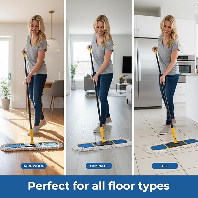 24" Dust for Floor Cleaning, Large Areas Floor Duster with 2 Cotton Reusable Pads, Wet Dry Mop for Hardwood Floors, Marble, Laminate, Tile, Concrete, Garage