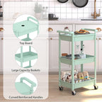 3-Tier Utility Rolling Cart with Cover Top Board, Mobile Utility Cart with Lockable Casters Multi-Functional Storage Trolley for Office, Bathroom, Kitchen, Garden, Laundry Room (Green)