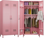 Aobabo Metal Wardrobe Cabinets with Lock, 2 Door Metal Closet wtih 4 Adjustable Shelves and 2 Hannging Rod, Lockable Locker Cabinet, Storage Locker for Home, Office,Pink, Assembly Required