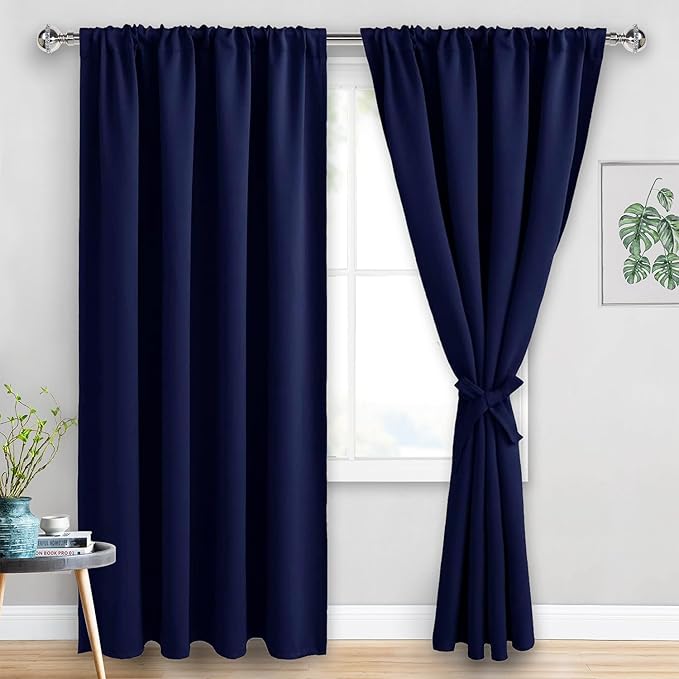 JIUZHEN Blackout Curtains for Bedroom - Thermal Insulated Room Darkening Rod Pocket Curtains for Living Room, Set of 2 Panels with Tiebacks, 60 x 96 Inch Length, Navy Blue