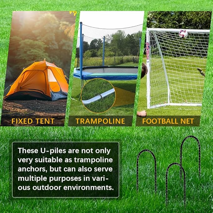12" Trampoline Stake Anchors high Wind u Stakes for Ground Anchors Heavy Duty Stakes Trampoline Anchor Accessories (Black-4PCS)