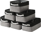 TheWarmHome Storage Basket for Organizing - 12x8x5.2 inch Small 6 Pack Collapsible Storage Bin for Shelves with Rope, Fabric Storage Cubes for Cloth Gift Toy Decorative Organizer (Black & Grey)