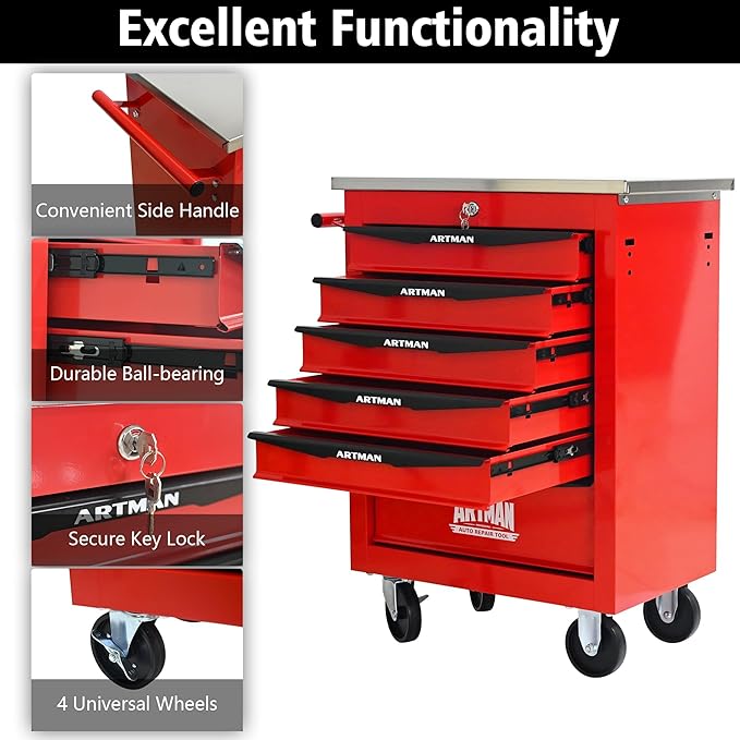 6-Drawer Heavy-Duty Rolling Tool Chest with Wheels & Steel Roof, Lockable Tool Chest Storage Cabinet for Garage, Workshop, Warehouse, and Repair Shop