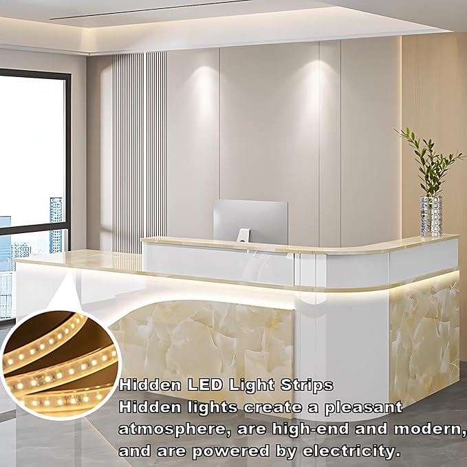Modern Reception Desk – Front Desk, Reception Counter for Office, Checkout Counter, LED Lighting, Storage, Soft Close Drawers, Custom Logo, Fully Assembled (E,56IN)
