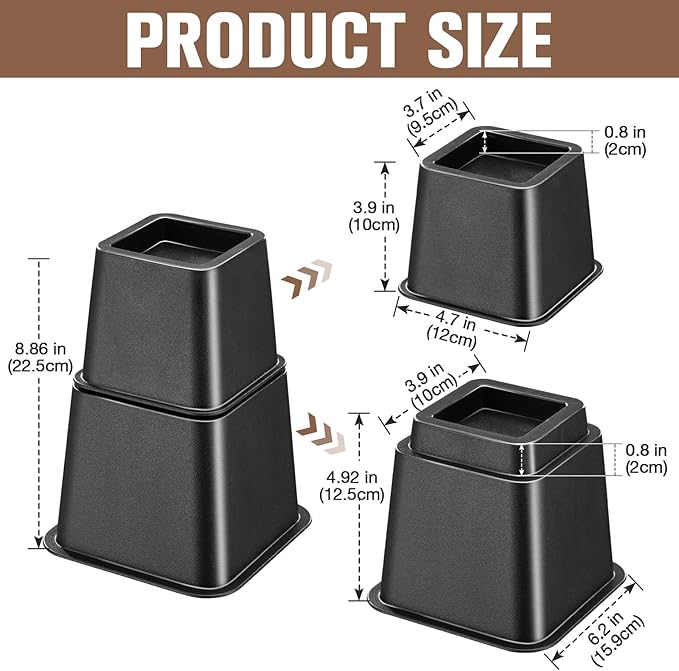 Bed Riser/Furniture Lift Bed/Bed risers/Furniture Lifter/Table risers/Frame Risers Create Under Bed Storage Heavy Duty for Furniture Height Adjustment (Black 8 Pack, 8 Inch)
