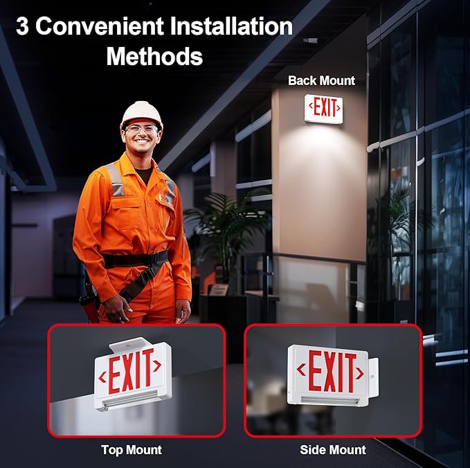 Exit Signs with Emergency Lights Battery Backup, UL Listed Double-Sided Exit Sign with Adjustable Light Pipe, Hardwired Compact Commercial Lighted Exit Sign, 120/277V Top/Side/Wall Mount (1 Pack)