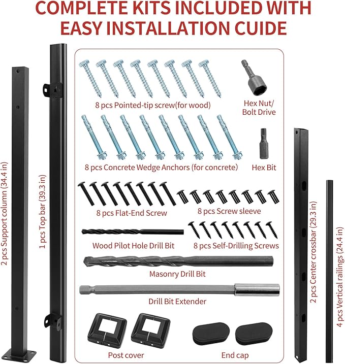 Metty Metal Handrails for Outdoor Steps Suitable for 1 to 3 Steps- Wrought Iron Stair Railing- Step Steady with 3 Feet Handrailing- Safe Indoor Home Banisters (Black)