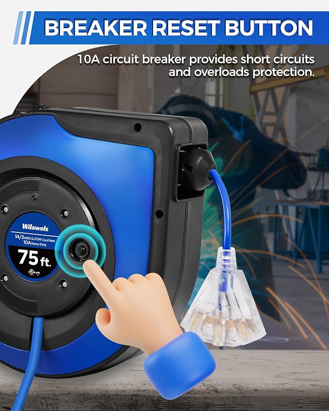 Retractable Cord Reel, 75 FT Heavy Duty Extension Cord, 14AWG/3C SJTOW, 3 Grounded Outlets Lighted Triple Tap, 10A Circuit Breaker, Wall/Ceiling Mounted, UL Listed, Blue U75CR06