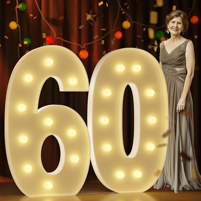 Marquee Numbers 4 Feet Tall Large Light Up Numbers 60th Birthday Decorations Women Men Big Yellow Light Outdoor Anniversary Decorations Balloon Arch Kit Party Backdrop 60