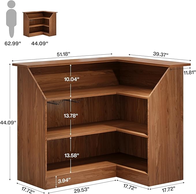 Tribesigns Bar Cabinet, L-Shaped Home Bar Table with Stemware Racks, 4-Tier Corner Bar Unit Liquor Wine Bar Table Reception Desk for Home Pub, Red Brown
