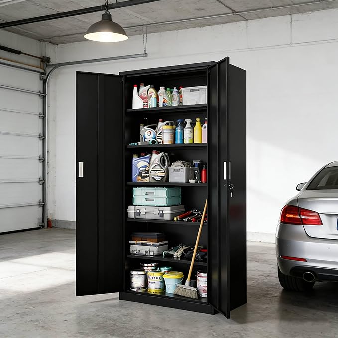 VINGLI Metal Garage Storage Cabinet with 2 Doors and 5 Adjustable Shelves, 71" Tall Steel Lockable File Cabinet, Locking Tool Cabinets for Home Office Garage Gym School (Black)
