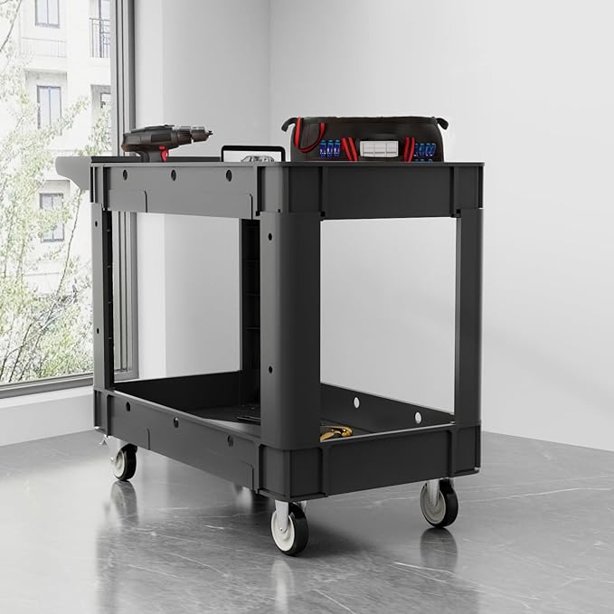 Commercial Grade 2 Shelf Utility Cart with Wheels - Rolling Tool Trolley, Heavy Duty Service Push Cart for Business Warehouse Office Restaurants Ecommerce Garage