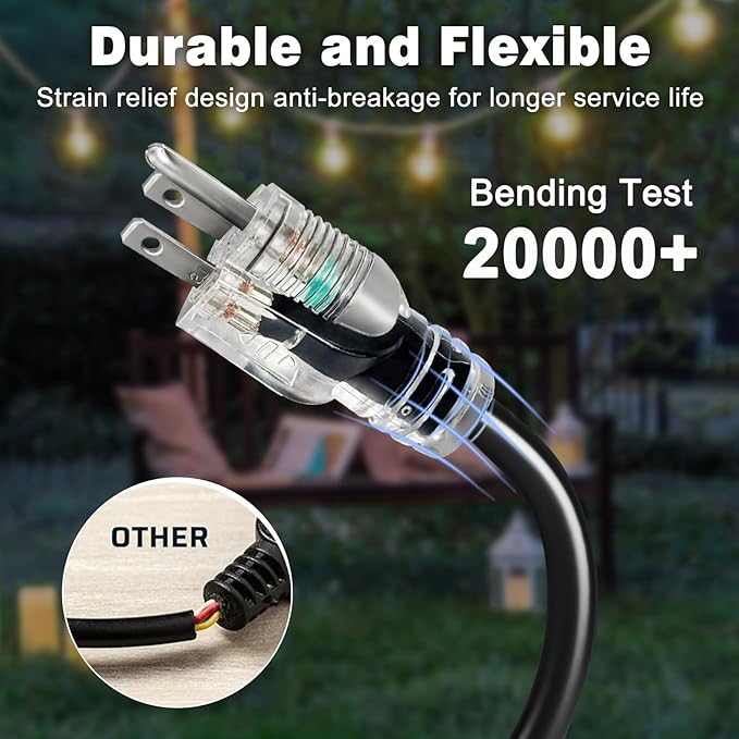 2FT 2 Pack 12 Gauge 3 Outlet Outdoor Extension Cord 12/3 Heavy Duty SJTW Power Cord 3 Way Waterproof Power Cable 3 Prong Grounded with Light 12AWG 15Amp 1875W ETL Listed