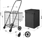 Folding Shopping Cart with Waterproof Liner, Grocery Cart Large Bag with Top Cover, 200 Lb Capacity, Utility Cart with 360° Rolling Swivel Wheels, Medium & Extra Basket