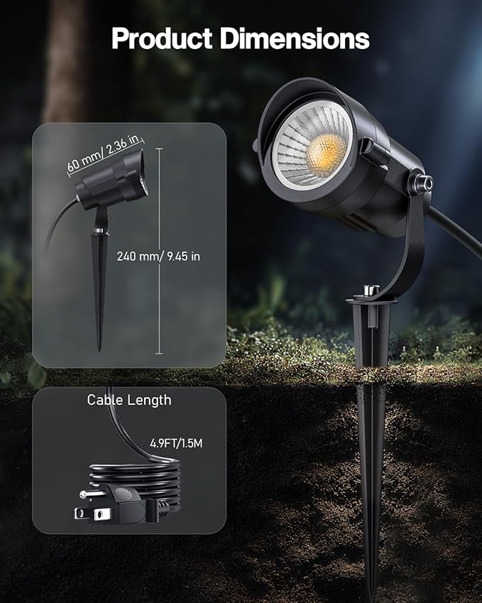 HIBOITEC 12W Spot Lights Outdoor 120V Landscape Lighting Waterproof Spotlight with 4.9ft 3-Plug LED Plug in Landscape Lights for Yard Gardern Decorations 2900K 6Packs