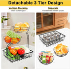 3 Tier Countertop Fruit Vegetable Basket Bowl Storage, Solid Metal Kitchen Counter Organizer for Storing Fruits, Veggies, Bread, Snacks (Black)