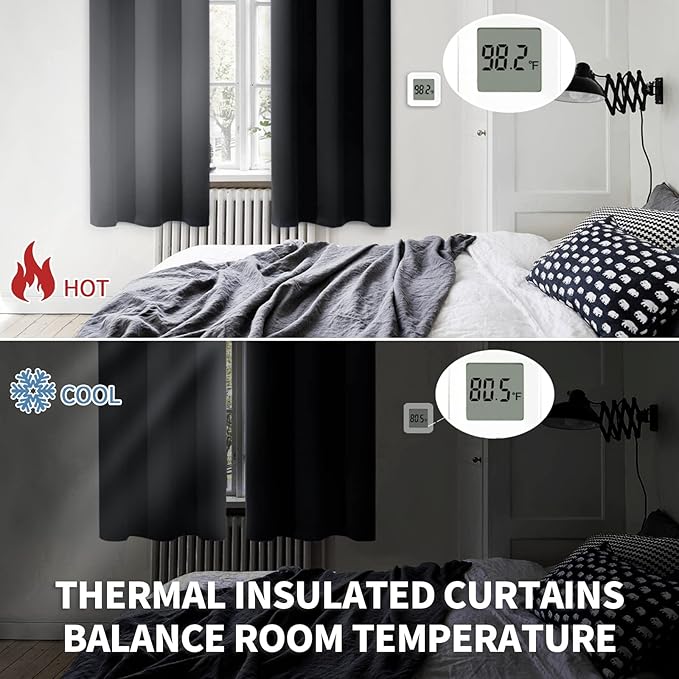 BGment Black Blackout Curtains for Bedroom 63 Inches Long, Black Out Room Darkening Light Blocking Thermal Insulated Grommet Window Drapes for Summer Heat, Each Panel 42 Inch Wide