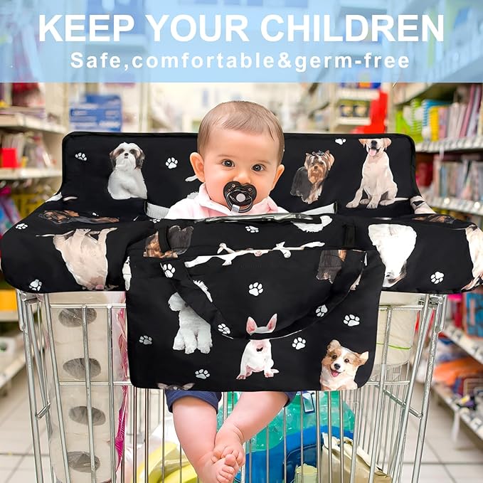 Black Shopping Cart Cover for Baby 2-in-1 High Chair Cover with Safety Harness Multifunctional Dog Pattern Cart Covers for Babies Soft Padded Grocery Cart Cover for Baby Boy Girl