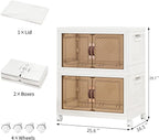 Storage Bins with Lids and Wheels, 199QT-99.5QT*2Tier Collapsible Bathroom Storage Cabinet with Clear Doors, Plastic Stackable Closet Organizers and Containers White