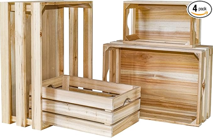 Set of 4 Large Wooden Crates Unfinished Office Storage Crates, Decorative Wood Storage Crates for Display, Rustic Pine Wood Organizer Bin Basket for Kitchen Pantry Bathroom