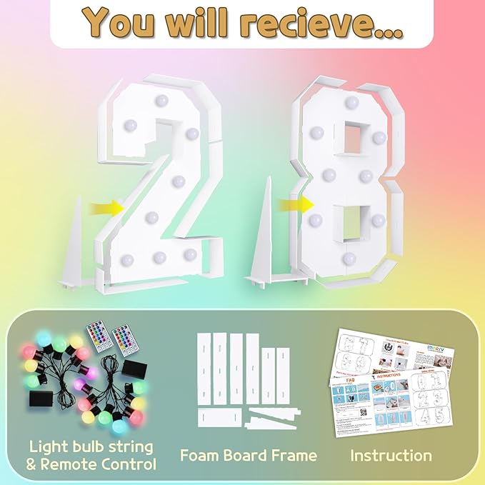 Marquee Numbers 28th Birthday Decoration: Colorful 3FT Large Light Up 28 Year Old Birthday Decorations Anniversary Backdrop Cardboard Sign 18 Colors Number 28 Mosaic Balloon Frame