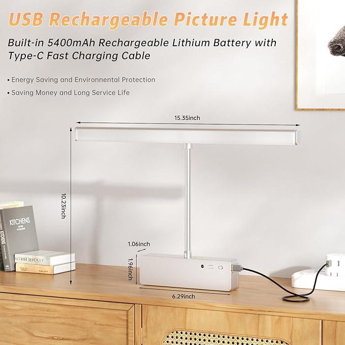Lightbiz Picture Light, 15.35inch 5400mAh Rechargeable Picture Lights for Wall Battery Operated Wall Lights with Remote, 3 Colors Paintings Light Dimmable Art Light for Artwork, Gallery (Silver)