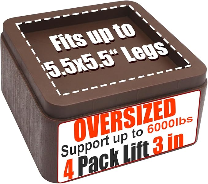 Bed Risers, Elevation up 3 inch, Heavy Duty Couch Risers 6000lbs, Stackable 3/6 / 9 inch Bed Furniture Risers Fits 5.5X5.5 inch Legs for College, Dorm, Couches, Tables, Desks, Set of 4