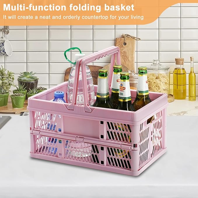 20 Liter Folding Storage Basket, Collapsible Plastic Folding Box, Storage Crates for Home, Office, Garage (Pink)