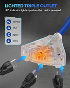 Retractable Cord Reel, 60 FT Heavy Duty Extension Cord, 12AWG/3C SJTOW, 3 Grounded Outlets Lighted Triple Tap, 15A Circuit Breaker, Wall/Ceiling Mounted, UL Listed, Blue U60CR06