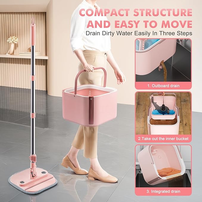 KZKR Square Spin Mop and Bucket Set with Self Separation Dirty and Clean Water System,Self Wringing 360° Rotating Mops Head for Home Floors Cleaning (2.0 mop Bucket Set with 2 Pads)