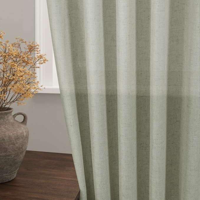 Sage Green Boho Curtains for Bedroom Back Tab Rod Pocket Semi Sheer Linen Curtains 90 Inches Long 2 Panel Set Light Filtering Neutral Green Farmhouse Curtain for Living Room 40x90