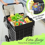 Shopping Cart w/Waterproof Basket Liner & 360° Swivel Wheels | Foldable Collapsible & Lightweight | Perfect for Groceries Laundry Utility Cart - Silver