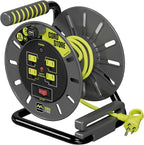 Masterplug 3ft Cord Reel, Retractable Extension Lead with Winding Handle, Safety Overload Circuit Breaker and Power Switch, 4x Grounded Outlets, 13amps, 14AWG Cable
