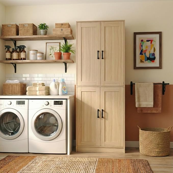 71" Tall Kitchen Pantry Cabinet, Freestanding Food Storage Organizer with Doors & Adjustable Shelves, Large Utility Hutch Cupboard for Dining Room, Living Room, Bathroom & Home Office, Oak