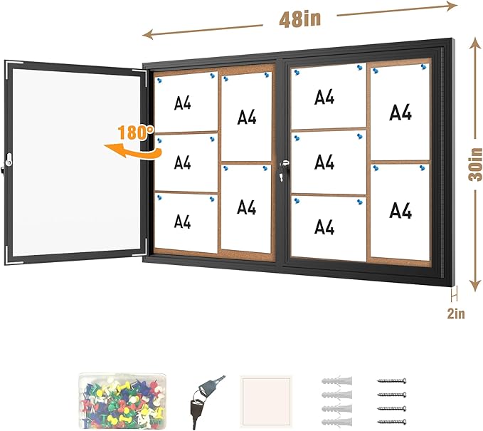 Mifuro 48"x30" Enclosed Bulletin Board, Outdoor Lockable Weather-Resistant Aluminum Cork Noticeboard for School & Office,Black Frame w/Cork