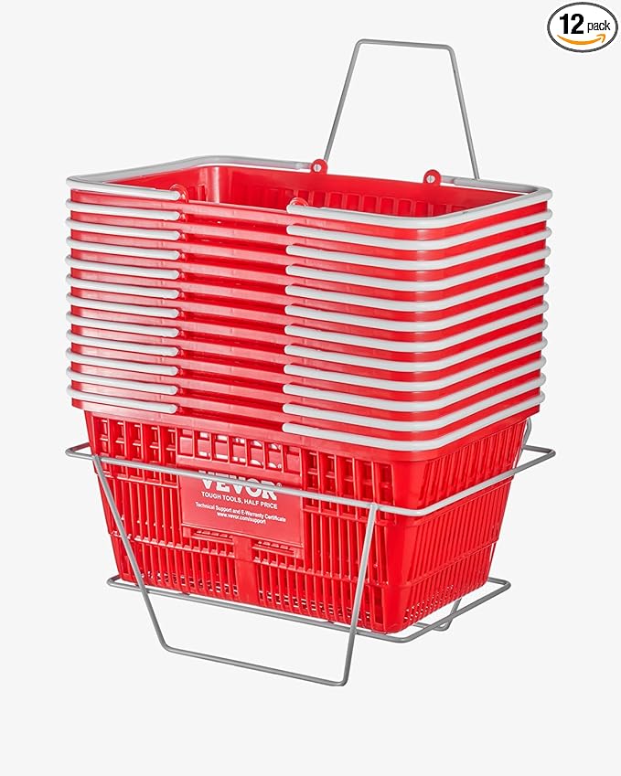 VEVOR 12 PCS Red Plastic Grocery Basket, 16.5 x 11.8 x 8.27 inch Rectangular, 21L Capacity, Modern Style, No Lid, PE Material, Ideal for Supermarket, Shopping Center, Convenience Store