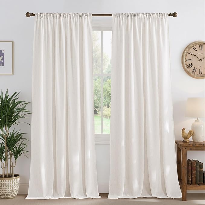 NICETOWN Natural Linen Cream Curtains for Bedroom, Pleat Tab Privacy Added Curtains & Drapes with Light Filtering Window Treatments for Living Room/Farmhouse, W52 x L95, 2 Panels