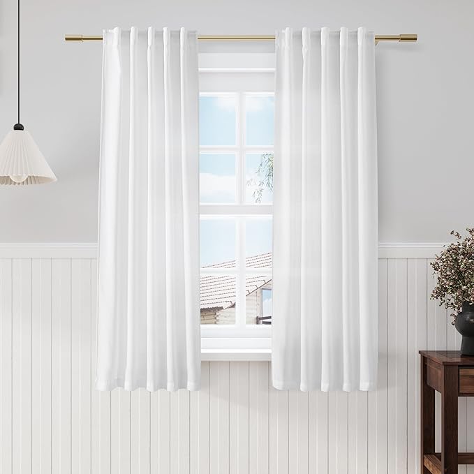 Nanspring White Linen Curtains 64 Inches Long 2 Panels Set Back Tab Rod Pocket Semi Sheer Light Filtering Curtains Airy Elegant Window Privacy Drapes for Kitchen Bedroom Children Living Room 52x64