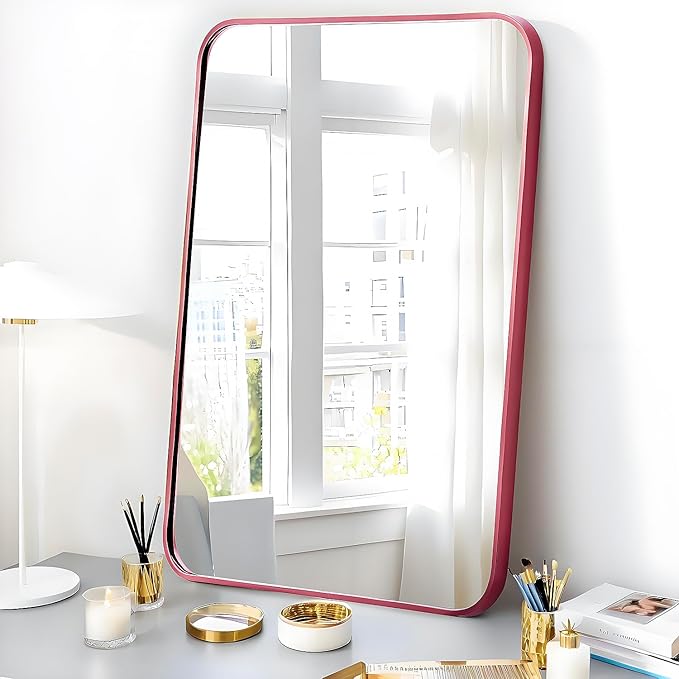 36x24 Mirror Rectangle Wall Mounted Aluminum Metal Frame Square Mirrors for Entryway Girl Bedroom Bathroom Living Room 36 24 inch Pink Rose Gold