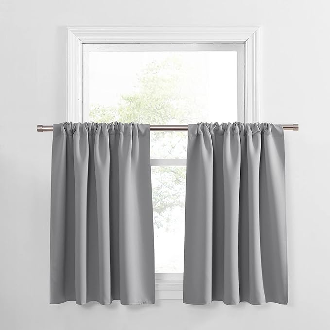 PONY DANCE Half Window Curtains - Kitchen Tiers Short Length Rod Pocket Valances Thermal Insulated Drapes for Nursery/Bathroom, 42 W x 30 L, Silver Grey, 2 Panels