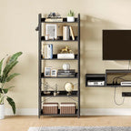 Rolanstar Bookshelf 6 Tier with 4 Hooks, Industrial Wood Bookcase, Vintage Storage Rack with Open Shelves, Rustic Standing Bookshelves Metal Frame Display Rack for Living Room, Bedroom, Black