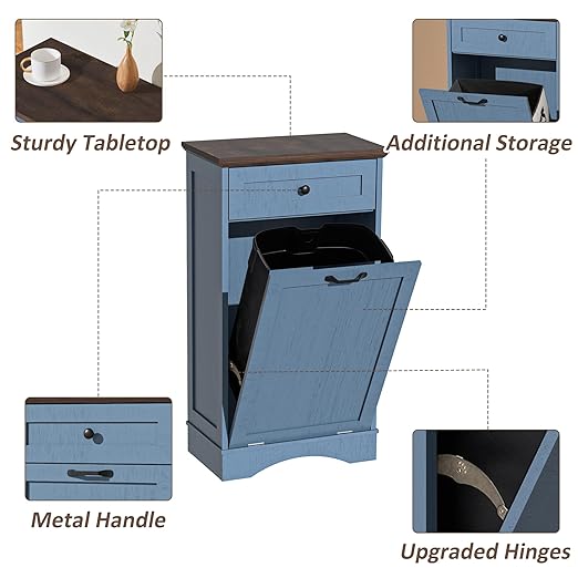 13 Gallons Tilt Out Trash Cabinet Freestanding Kitchen Trash Bin Cabinet Wood Garbage Recycling Cabinets with Hideaway Drawer Pet Proof Trash Can Holder for Kitchen Living Room, Blue