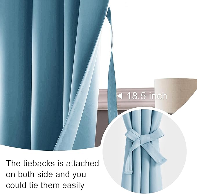 JIUZHEN Blackout Curtains for Bedroom - Thermal Insulated Noise Reducing Privacy Short Curtain for Living Room, Set of 2 Panels with Tiebacks, 38 x 54 inches Long,Light Blue